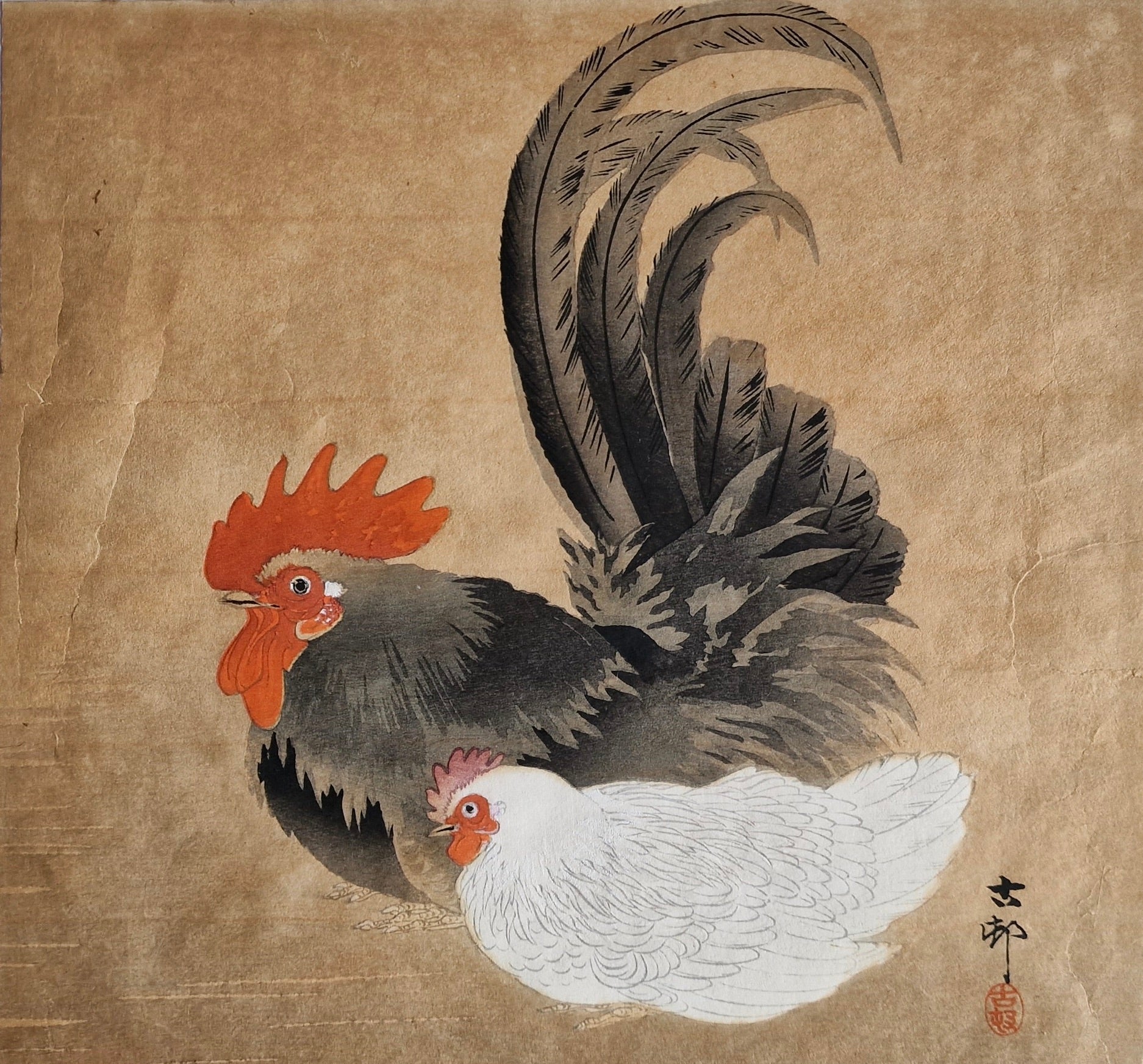 Original Woodblock Print Ohara Koson "Rooster and Hen" - Japan - 1910