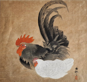 Original Woodblock Print Ohara Koson "Rooster and Hen" - Japan - 1910