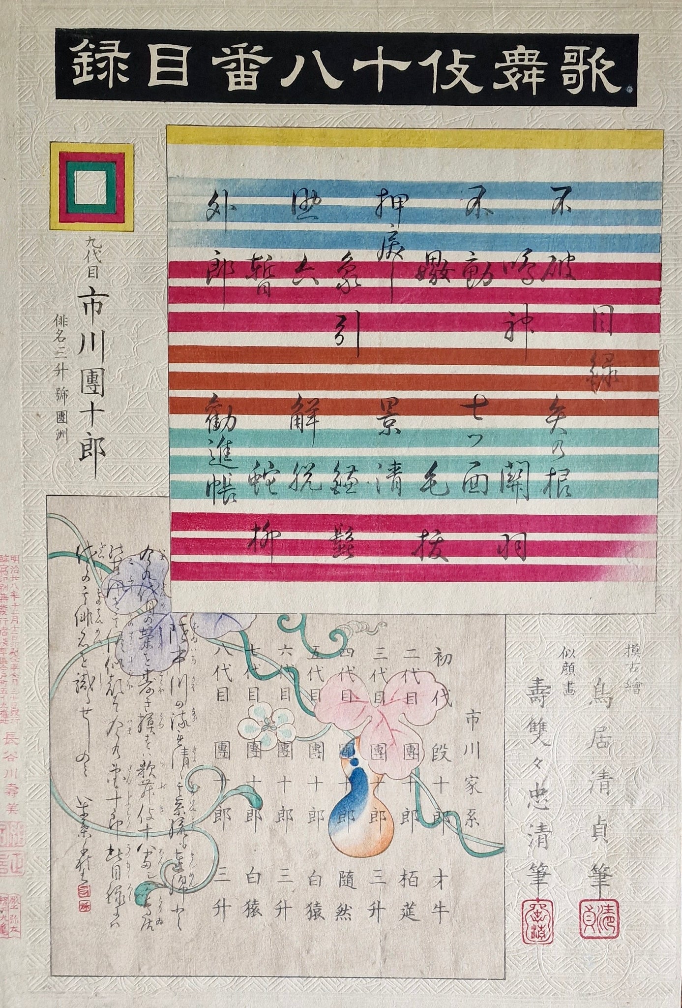 Original Woodblock Print Torii Kiyosada "Contents Page for the series The Eighteen Great Kabuki Plays" - Japan - 1895
