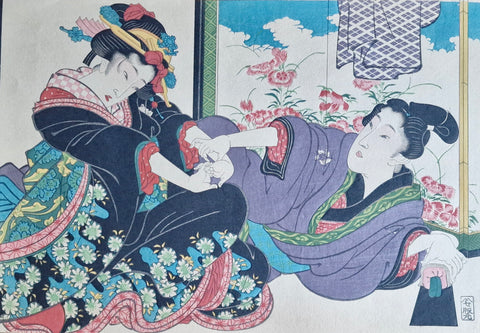 Original Woodblock Print Keisai Eisen "A Maegamai and a Girl" - Japan - 1830