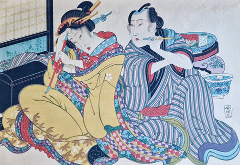 Woodblock Print Keisai Eisen "Pipe Smokers" - Japan - Early XX c.