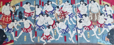 Original Woodblock Trypich Print - Unknown Artist "Sumo Wrestling Scenes" - Japan - XIX c.