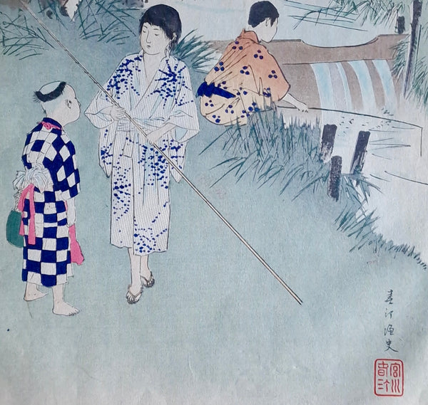 Original Woodblock Print Shuntei Miyagawa "Fishing — Uo-tsuri" - Japan - 1897