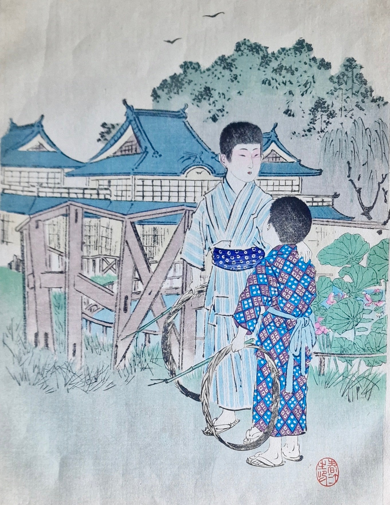 Original Woodblock Print Shuntei Miyagawa " Running with hoop" - Japan - 1897