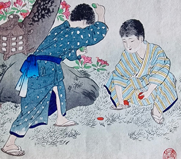 Original Woodblock Print Shuntei Miyagawa "“Menko Play” - Japan- 1897