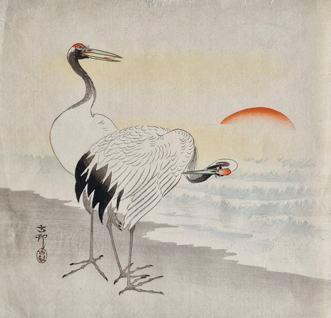 Original Woodblock Print - Ohara Koson  -Two Japanese Cranes on Beach with Rising Sun - 1910