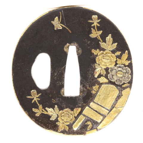 Tsuba - Iron Inlaid with Gold with Butterflies and Carnations with a Gold Rim -Japan -  1825