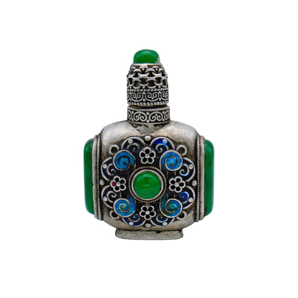 Antique Snuff Bottle Silver Cloisonne with Green Jade Gem China