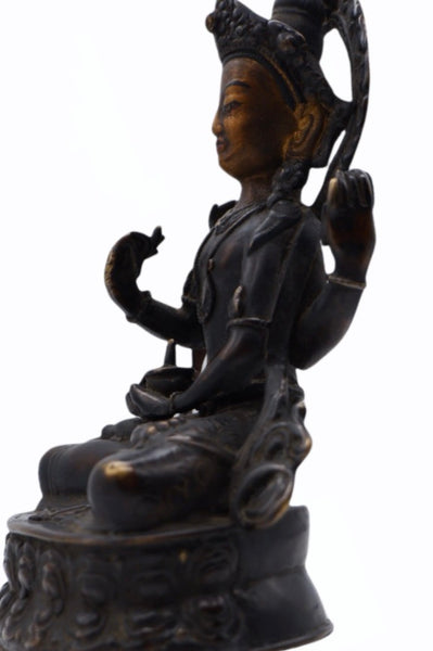 Bronze Statue Gold Faced 4-Armed Chenrezig - Nepal - XIX-XX c.